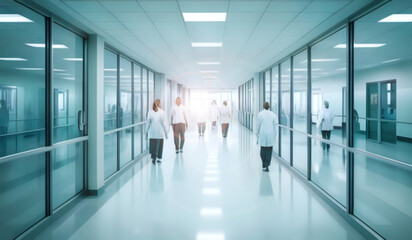 Doctor and a patient in hospital corridor for background, concept of healthcare and imterior medical technology. Motion blur effect.