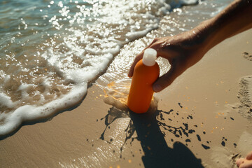 Woman Holding Suncream Sunblock Bottle on the Beach by the Ocean | Dazzling Sunlight | Skin Care | Luxury Product