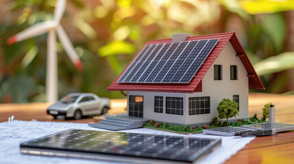 Miniature Home on Blueprint for Smart Energy Planning. Concept Miniature Home, Blueprint, Smart Energy, Planning