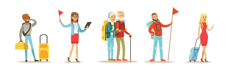 Happy People Character Traveling on Vacation Have Trip Vector Set