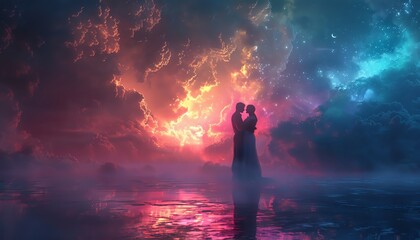 A man and a woman are standing on a pier. There is a colorful sky behind them. The water is calm and still. The pier is made of wood and is in good condition. The man and the woman are both wearing - Powered by Adobe
