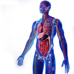 This image features a comprehensive digital model showcasing the detailed organ systems of the human body, including cardiovascular, digestive, and nervous systems.