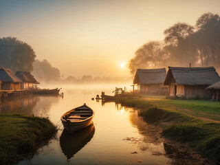 Fototapeta premium Serenity and tranquility, beautiful dawn and nature view in a village at lakeside with a wooden boat