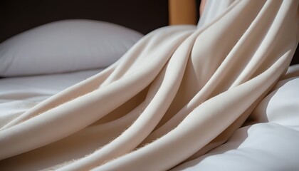 Close up of newly clean white fitted sheet over mattress on bed. Hotel management and cleanliness concept.