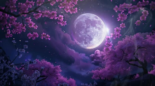 Beautiful full moon night behind the cherry blossoms. seamless looping time-lapse virtual 4K video Animation Background.