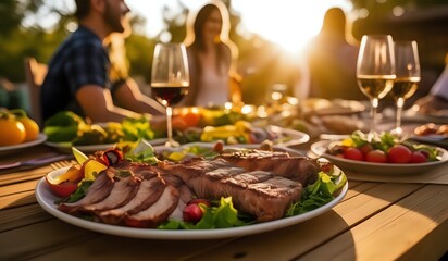 closeup of a backyard dinner table have a tasty grilled BBQ meat, Salads and champagne and happy joyful people on background.