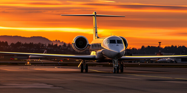 A G650 private jet on the tarmac at sunset, photographed with a Sony A7R IV and Zeiss Batis lens, focusing on its sleek design and impressive power, the warm hues of dusk adding elegance to the scene,