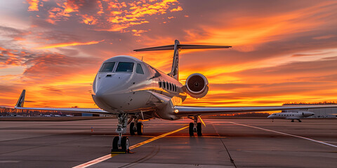 G650 jet at the airport, sunset in background, photo realistic, high resolution photography, HDR, professional color grading, soft shadows, no contrast, clean sharp focus, depth of field, hyperdetaile