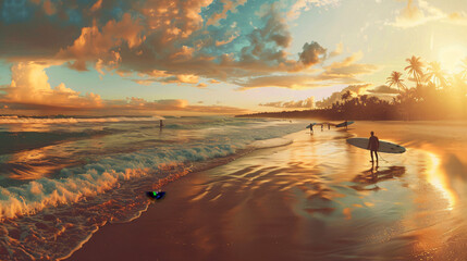 Panoramic view of tropical beach with surfers