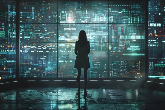 A business woman stands in front of an open server room, surrounded by digital screens displaying various data and information. The dark atmosphere adds to the mystery behind her.