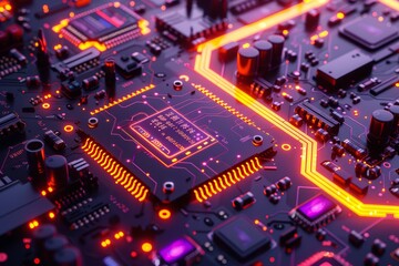 Obraz premium A closeup of an advanced micro Massive black and purple circuit board with glowing neon lights, showcasing the intricate design of electronic components on a futuristic device