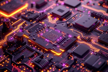 A closeup of an advanced micro Massive black and purple circuit board with glowing neon lights, showcasing the intricate design of electronic components on a futuristic device