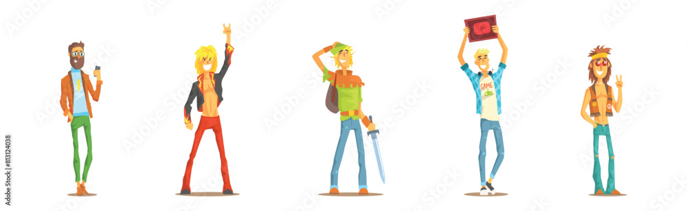 Poster man character of different subculture in standing pose vector set