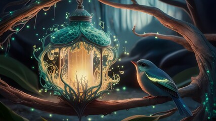 A bird is standing next to a lantern that has a bird on it. - Powered by Adobe