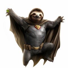 Fototapeta premium Superhero sloth in a cape posing with a confident smile on a white background