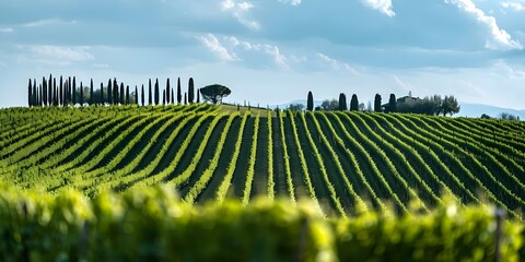 Fototapeta premium Tuscan Vineyard Setting for Wine Tasting with Beautiful Scenery. Concept Tuscan Vineyards, Wine Tasting, Scenic Backdrops, Italian Landscapes, Wine Lovers