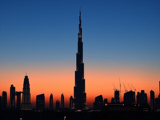 A city skyline with the Burj Khalifa in the foreground. The sky is orange and the city is lit up at night