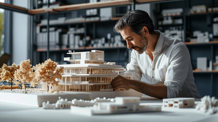 Architect meticulously reviews a detailed building model