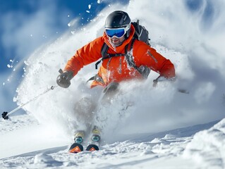 A man in an orange jacket is skiing down a snowy slope. He is wearing a helmet and goggles, and his skis are visible in the snow. Concept of excitement and adventure