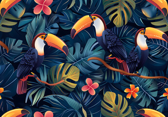A seamless pattern with a digital illustration of jungle leaves, colorful toucans and tropical flowers, their vibrant colors against a dark background. The artwork is a vector design with intricate de