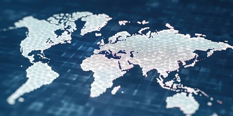 Digital world map with glowing cyber data points on dark blue background. Global connectivity and internet technology concept. Design for network, communication, technology innovation theme. AIG35.