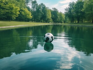 A soccer ball is floating in a body of water. The water is green and calm. The ball is the only object in the scene