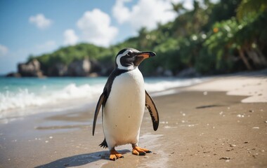 Naklejka premium Alone Among Waves: A Gentoo Penguin's Sojourn on a Beach