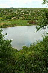 A body of water surrounded by trees