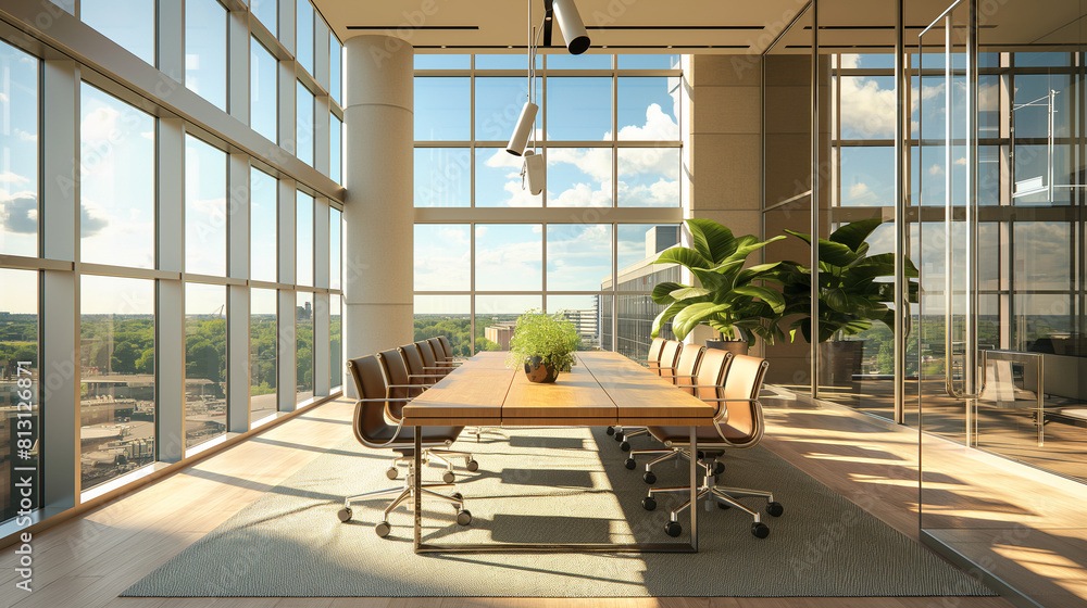 Poster a spacious meeting room featuring a modern table and floor-to-ceiling windows offers an inspiring en