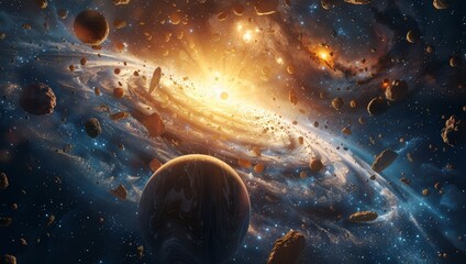 Obraz premium A galaxy with planets and stars, with the sun in the center