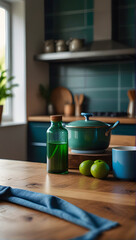 Olive oil bottle with a pot in a kitcehn