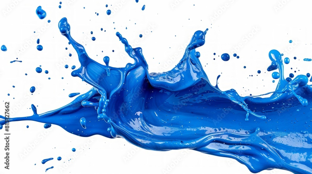 Poster vivid blue liquid erupts, splashing onto a pristine white surface, creating a dynamic and vibrant di
