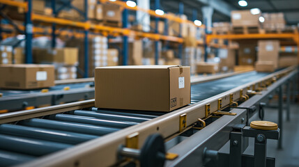 Naklejka premium Conveyor belt with packages moving through a warehouse