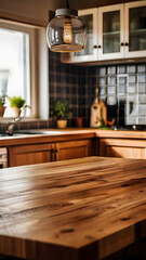 Closeup of a wooden table in a kitchen