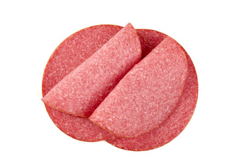 Salami slices, isolated on white background.