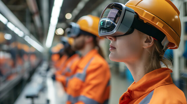 Workers wearing augmented reality (AR) glasses for training in a factory