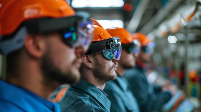 Workers wearing augmented reality (AR) glasses for training in a factory