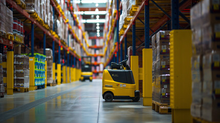 Automated guided vehicles (AGVs) navigating through aisles in a warehouse