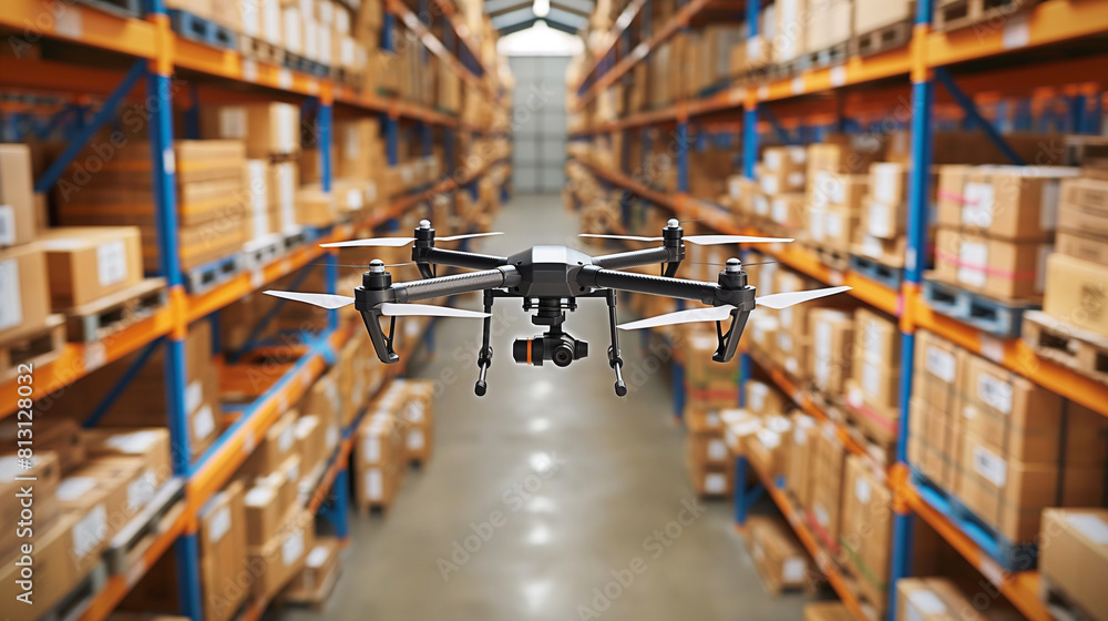 Poster automated inventory drones counting stock in a warehouse
