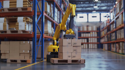Robotic palletizing system stacking goods on pallets in a distribution center
