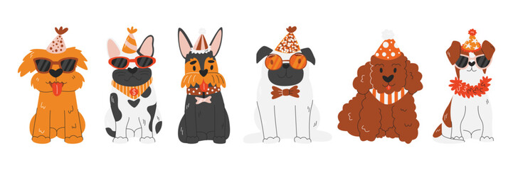 Pet party cute different dog breeds set. Puppy birthday celebration concept design. Domestic animal characters with festive accessories. Canine paw-ty time hand drawn flat vector illustration isolated