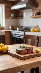 Grilled Steak and fresh lemon on a wooden table in a modern kitchen