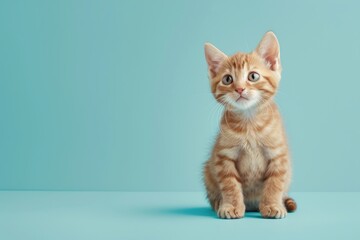 A cute orange kitten is sitting on a blue surface with copy space