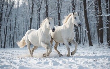 Obraz premium Winter Freedom: Two White Horses Running in the Snow