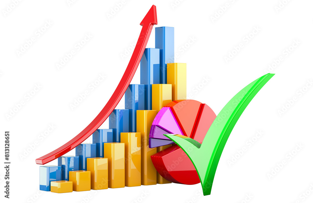 Poster pie charts, diagrams, bars with growth arrow and green check mark, 3d rendering isolated on transpar