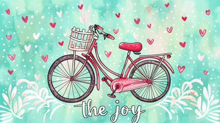 Fototapeta premium Vintage red bicycle with basket on a heart-filled turquoise background with the text 