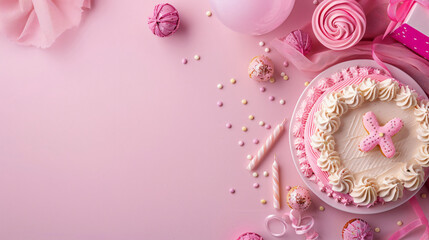 Pink birthday flat lay background