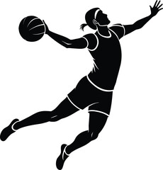 Handball player in action, attack shut in jumping vector silhouette illustration design