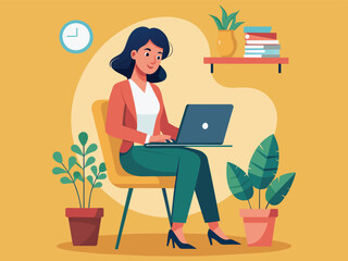 a woman using a laptop surrounded by business icons, minimal style flat cartoon colored vector illustration