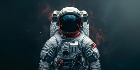 A space suit with an astronaut wearing it, in a dark background, floating in the universe, symmetrical composition, front view, high resolution, high quality, high detail, high con
